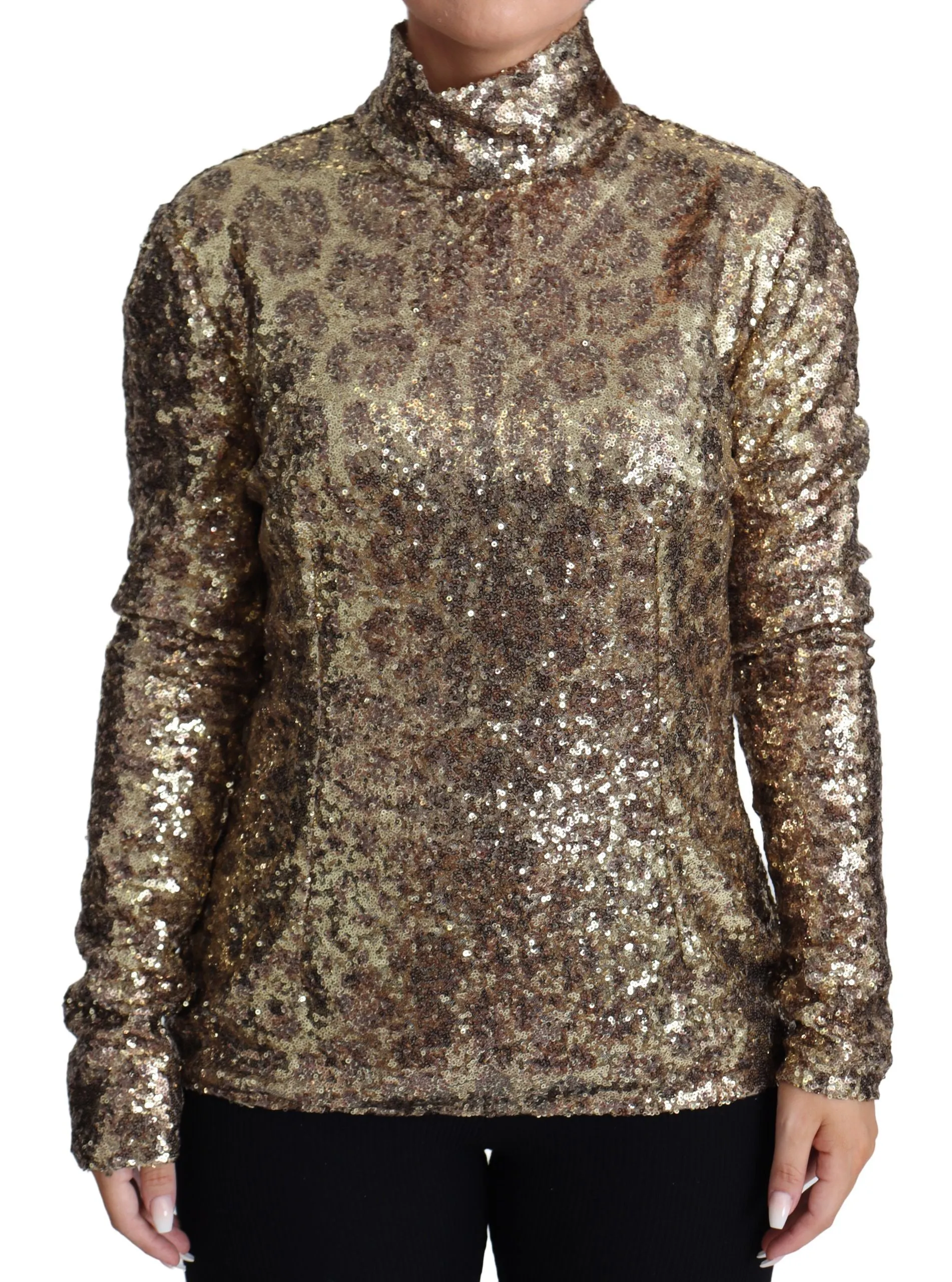 Sequined Turtleneck Full Zip Sweater in Brown sold by Louxly