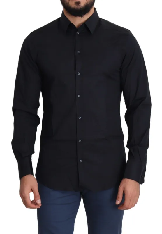 Sleek Black Slim Fit Cotton Stretch Dress Shirt sold by Louxly