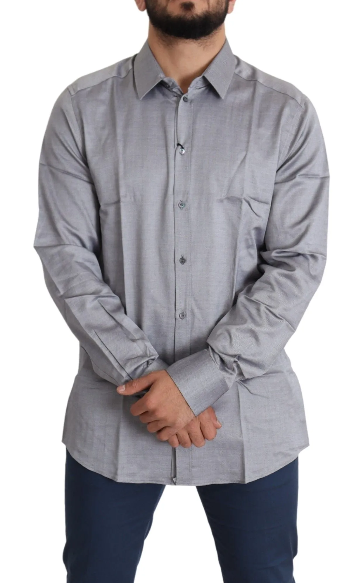 Elegant Gray Slim Fit Cotton Dress Shirt sold by Louxly product image thumbnail 4