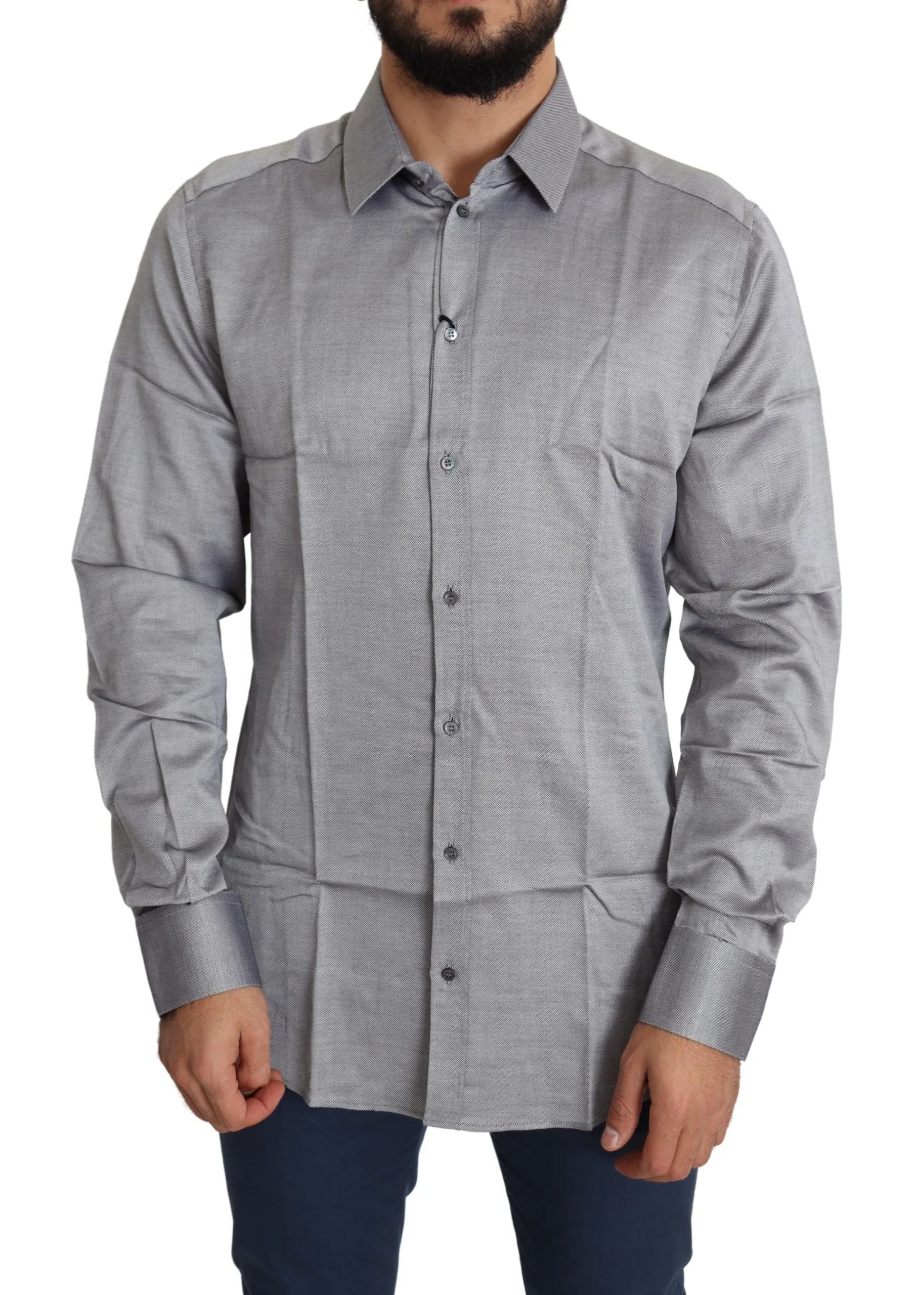 Elegant Gray Slim Fit Cotton Dress Shirt sold by Louxly