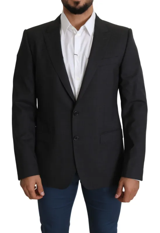 Elegant Gray Wool Silk Blend Slim Fit Blazer sold by Louxly