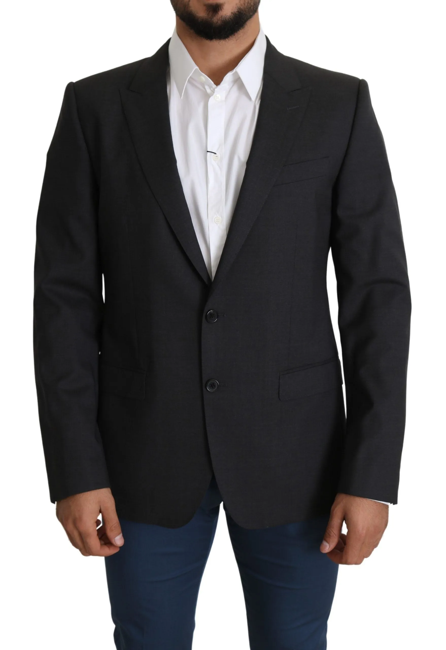 Elegant Gray Wool Silk Blend Slim Fit Blazer sold by Louxly