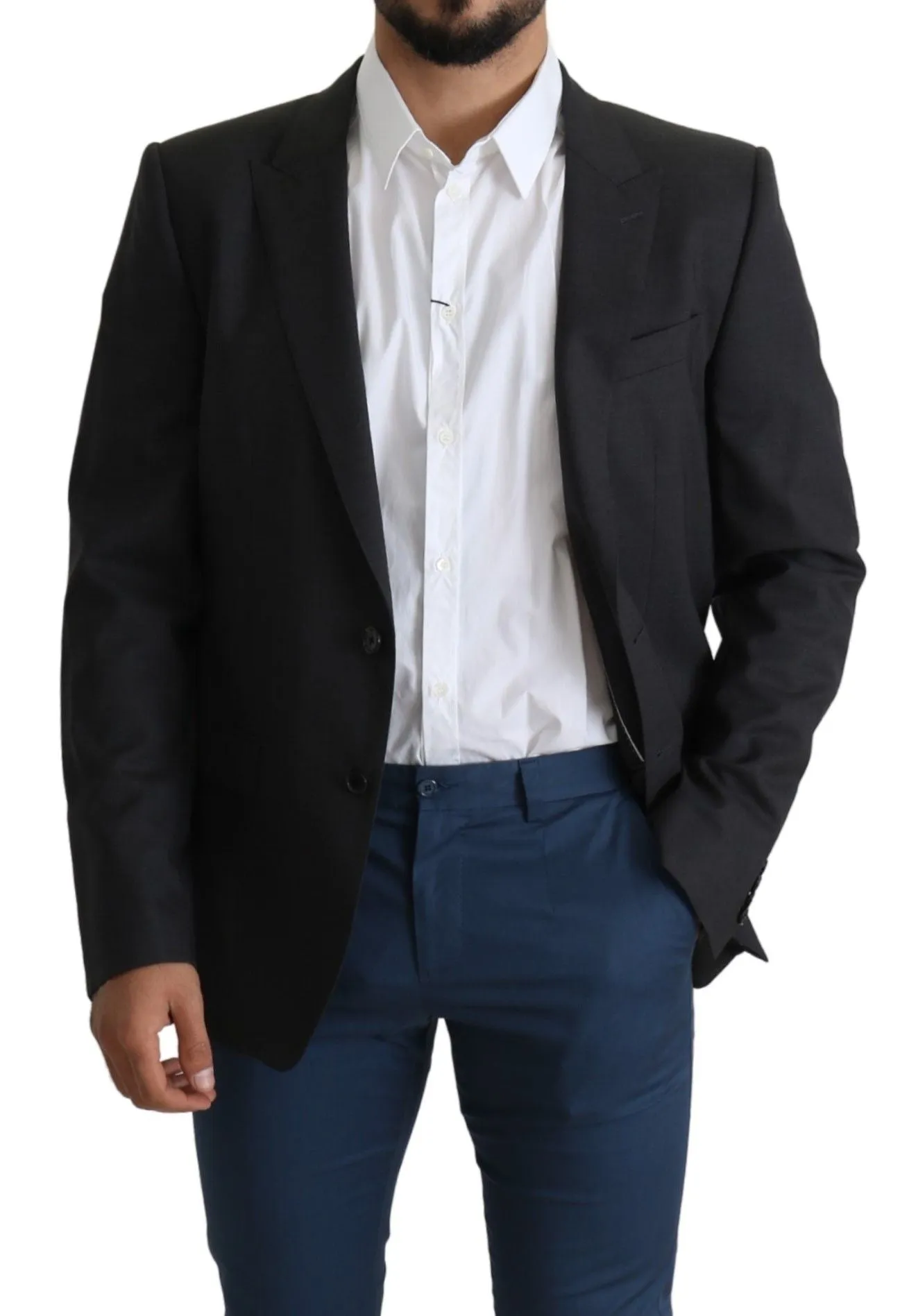 Elegant Gray Wool Silk Blend Slim Fit Blazer sold by Louxly product image thumbnail 3