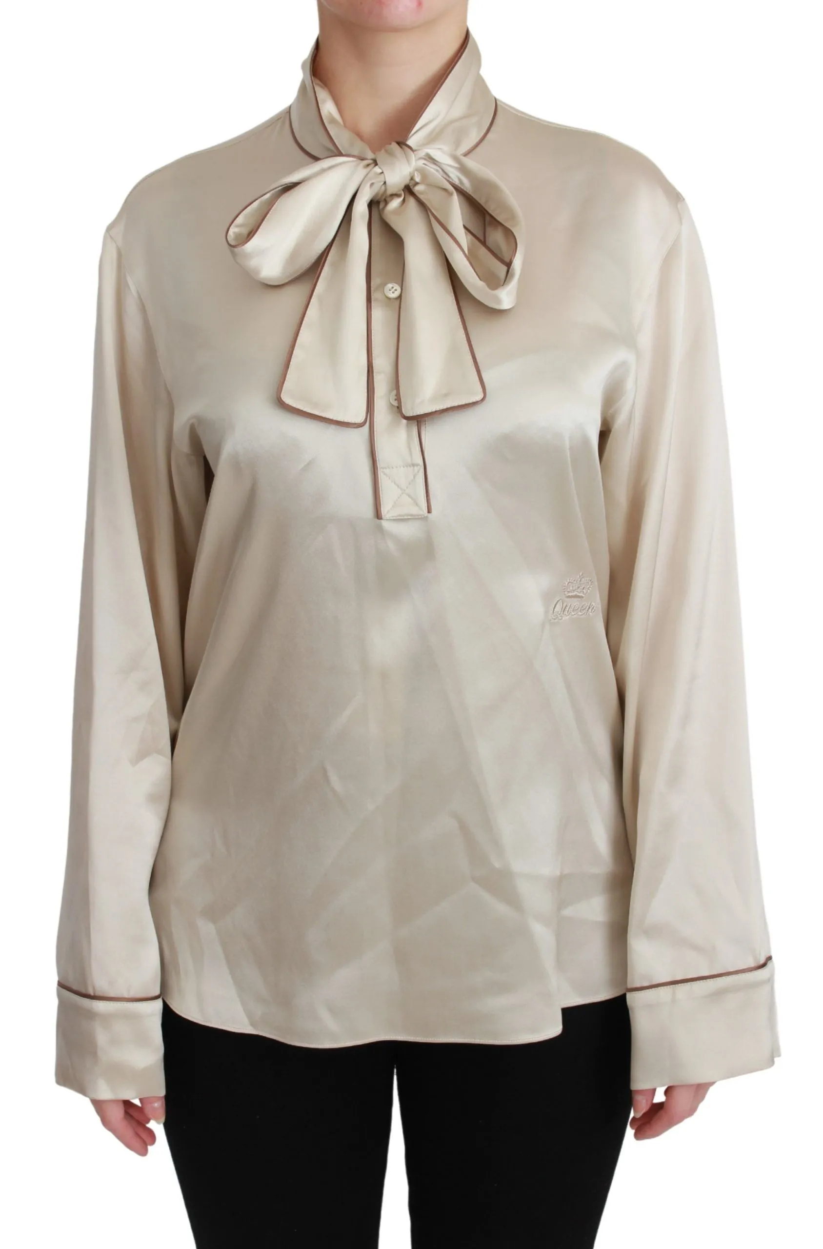 Elegant Beige Silk Satin Blouse with QUEEN Embroidery sold by Louxly