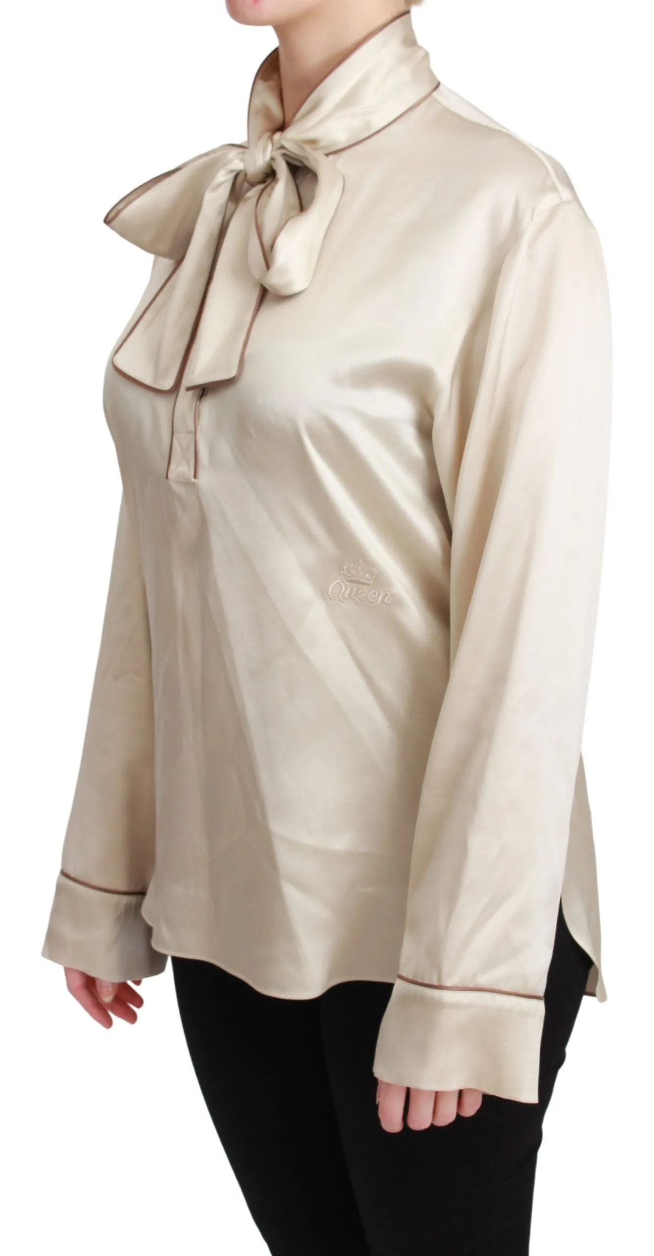 Elegant Beige Silk Satin Blouse with QUEEN Embroidery sold by Louxly product image thumbnail 3