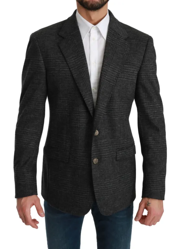 Elegant Gray Plaid Virgin Wool Blazer sold by Louxly