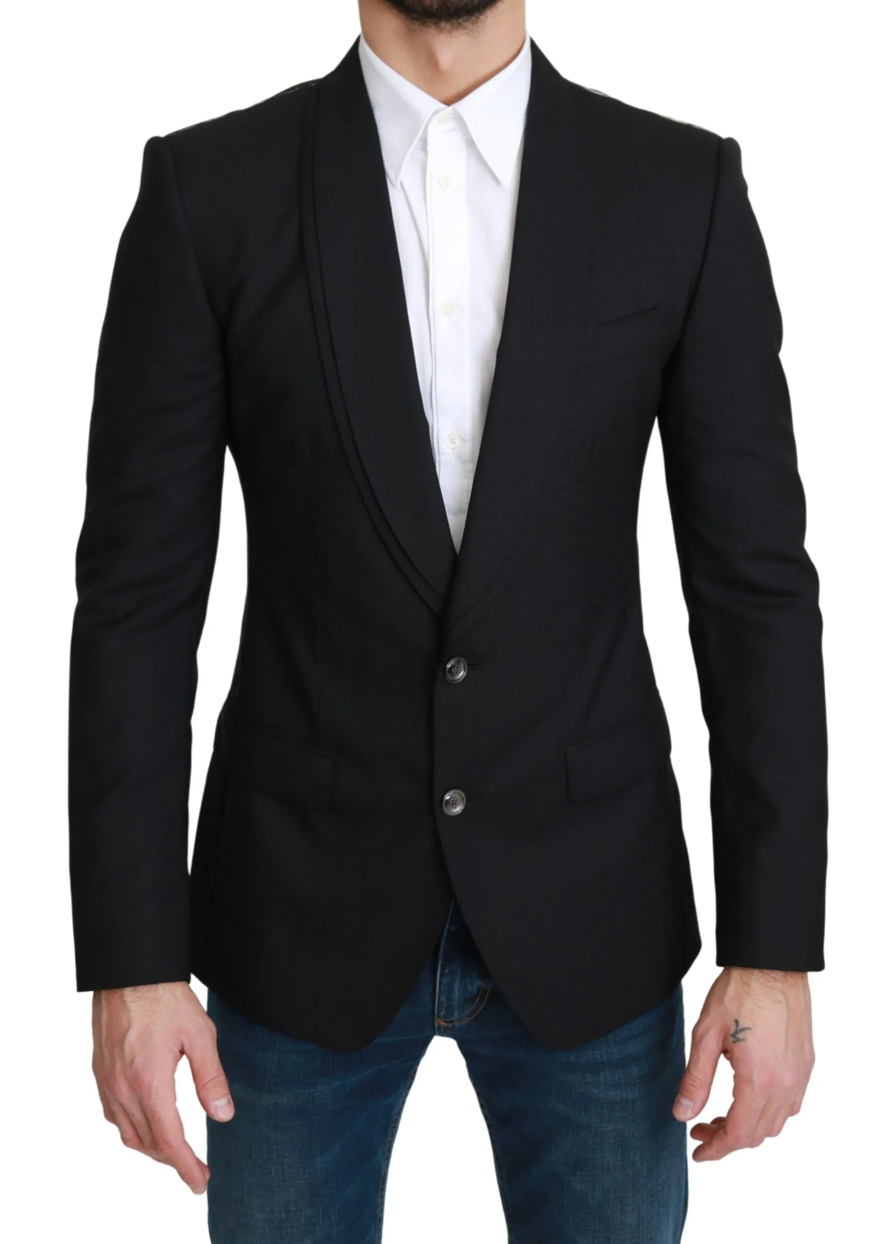 Elegant Black Virgin Wool Formal Blazer sold by Louxly