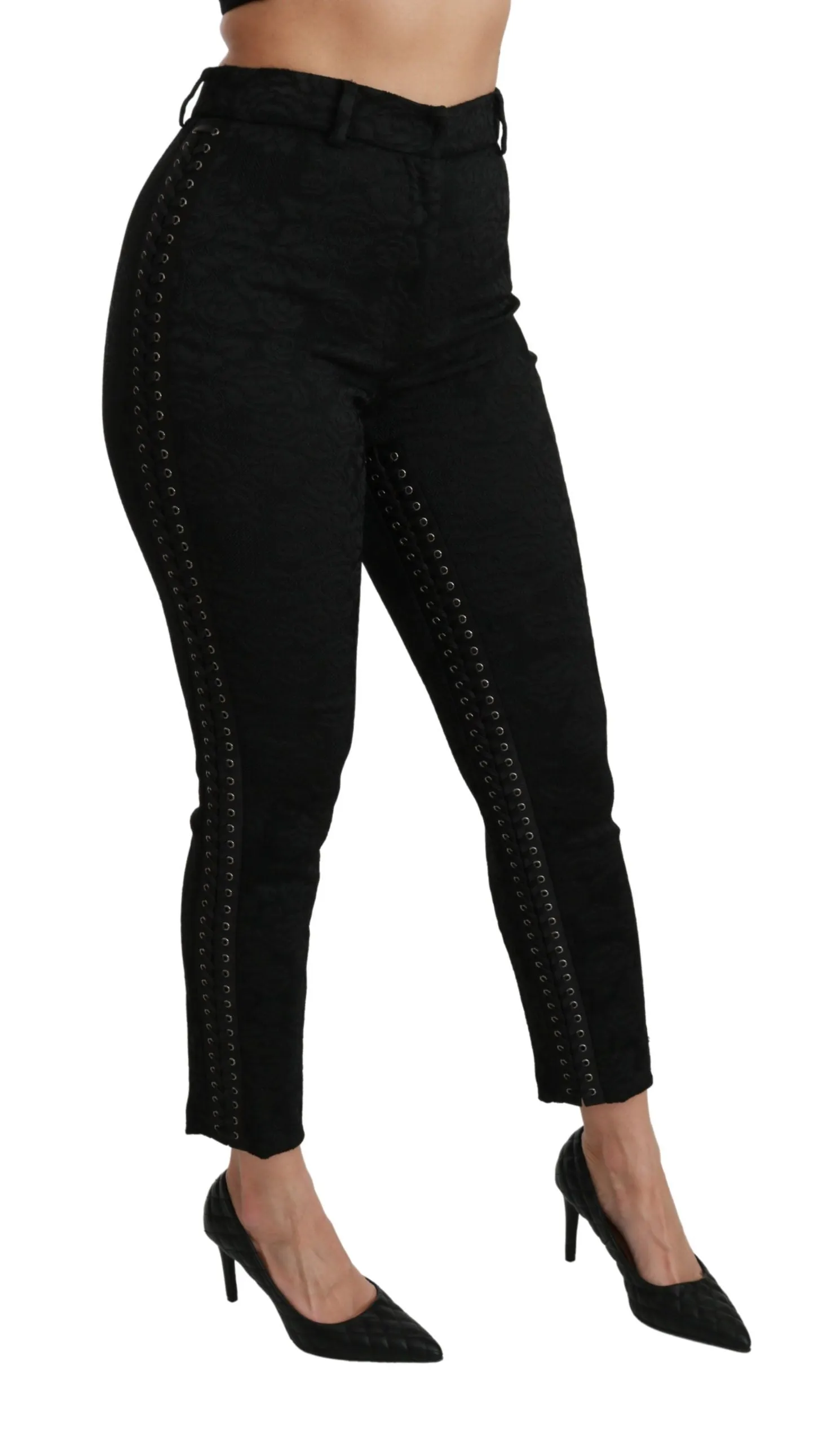 Elegant High Waist Skinny Black Brocade Pants sold by Louxly product image thumbnail 3