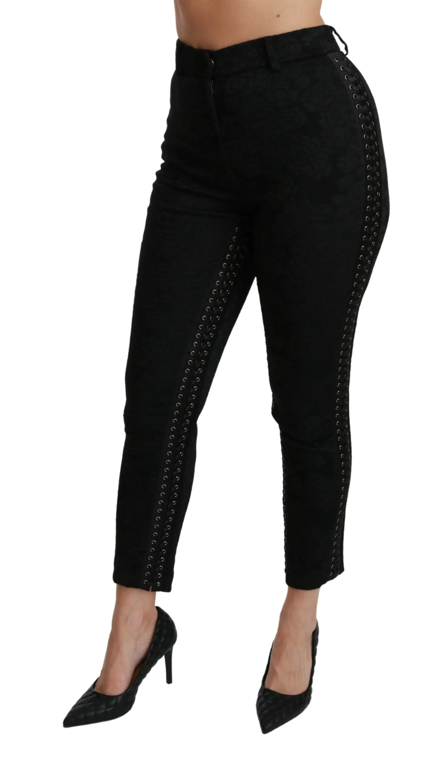 Elegant High Waist Skinny Black Brocade Pants sold by Louxly product image thumbnail 4