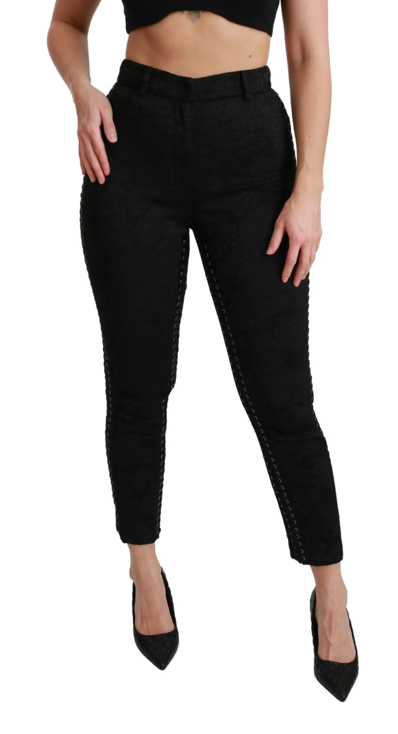 Elegant High Waist Skinny Black Brocade Pants sold by Louxly product image thumbnail 2