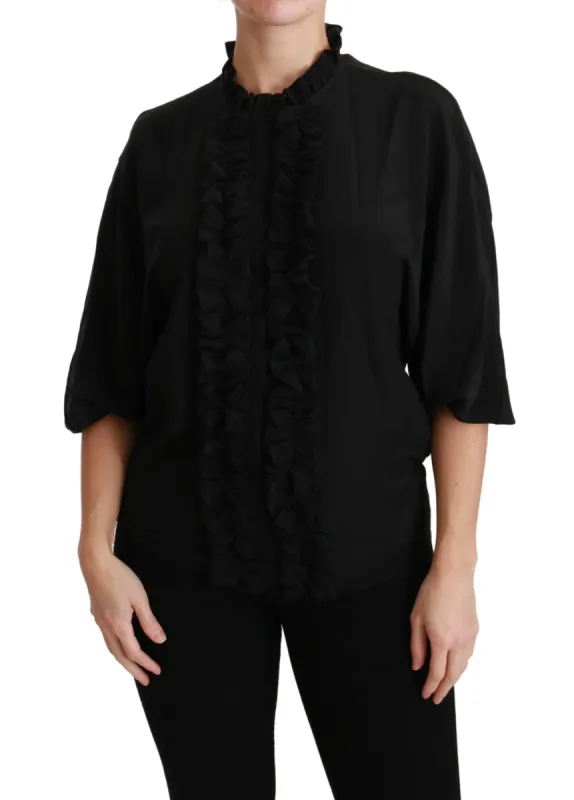 Elegant Black Silk Short Sleeve Blouse sold by Louxly