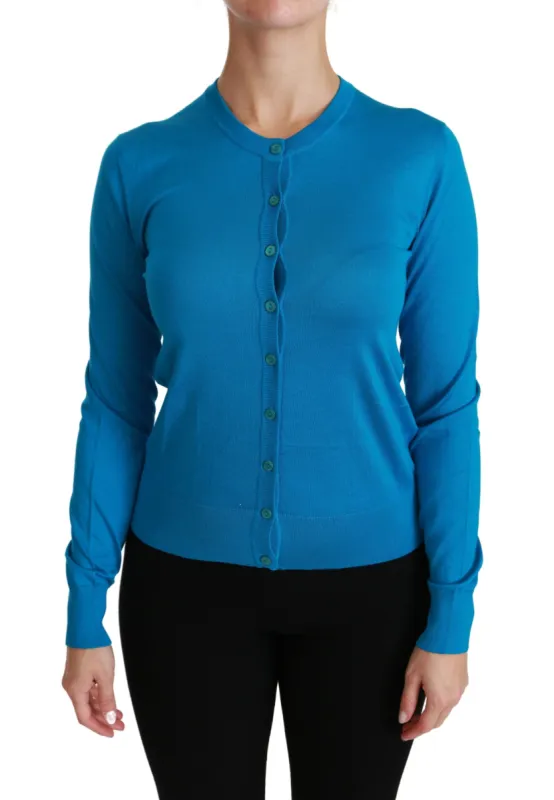 Elegant Silk Blue Crewneck Cardigan sold by Louxly