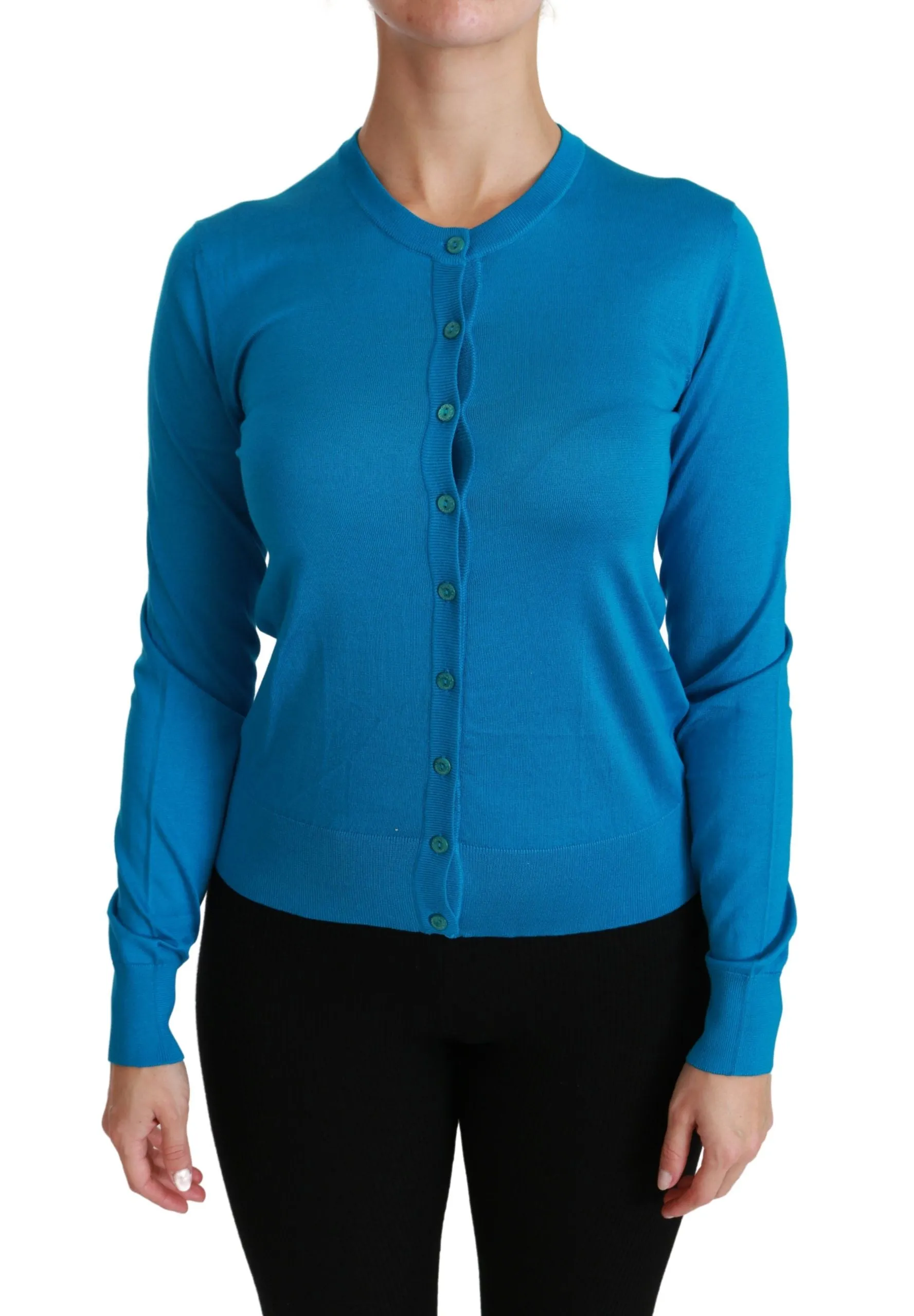 Elegant Silk Blue Crewneck Cardigan sold by Louxly