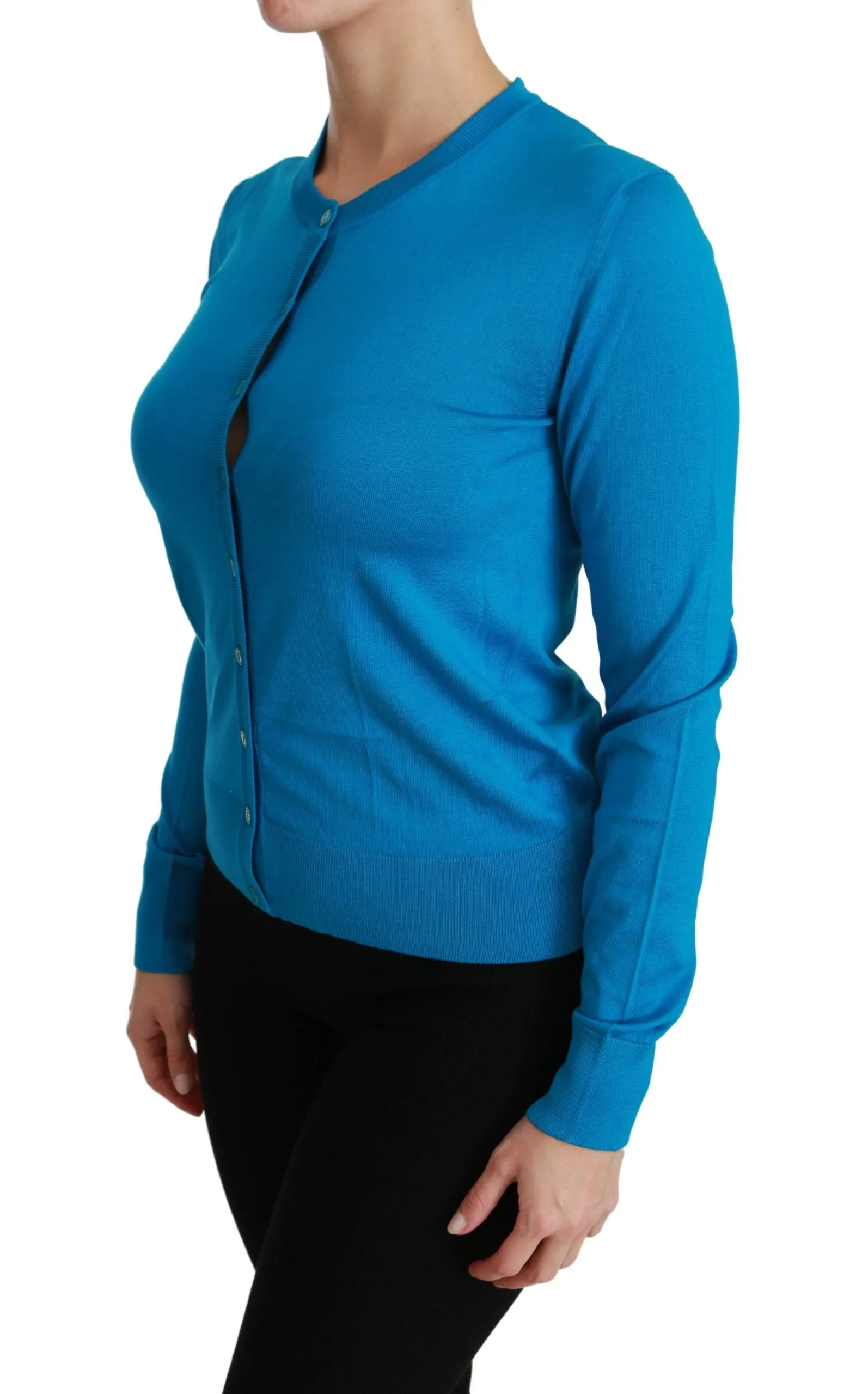 Elegant Silk Blue Crewneck Cardigan sold by Louxly product image thumbnail 3