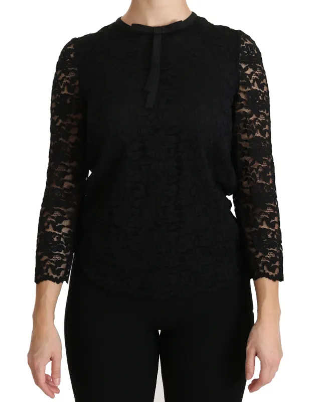Elegant Black Lace Crew Neck Blouse sold by Louxly