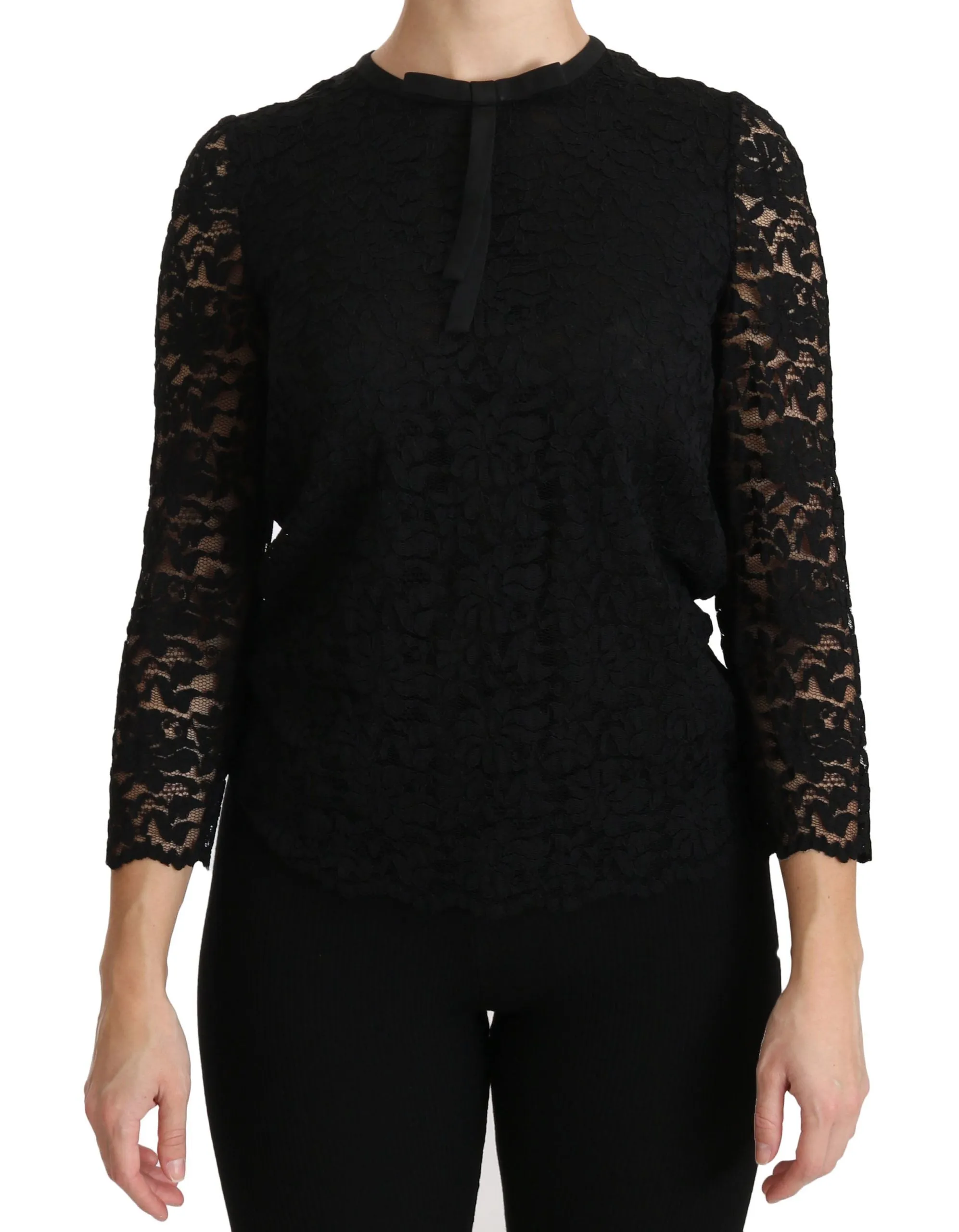 Elegant Black Lace Crew Neck Blouse sold by Louxly