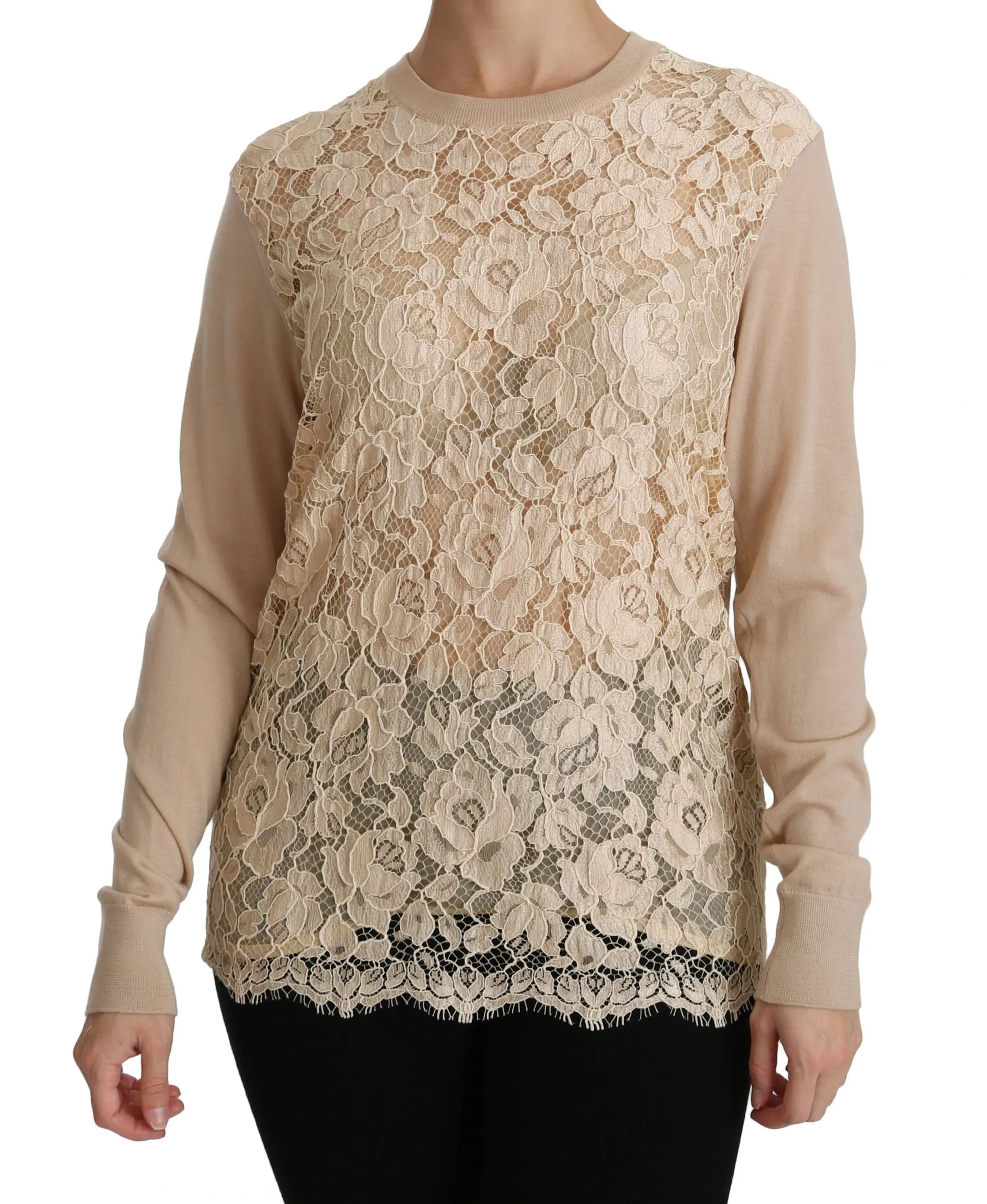 Elegant Beige Lace Crew Neck Cashmere Blouse sold by Louxly