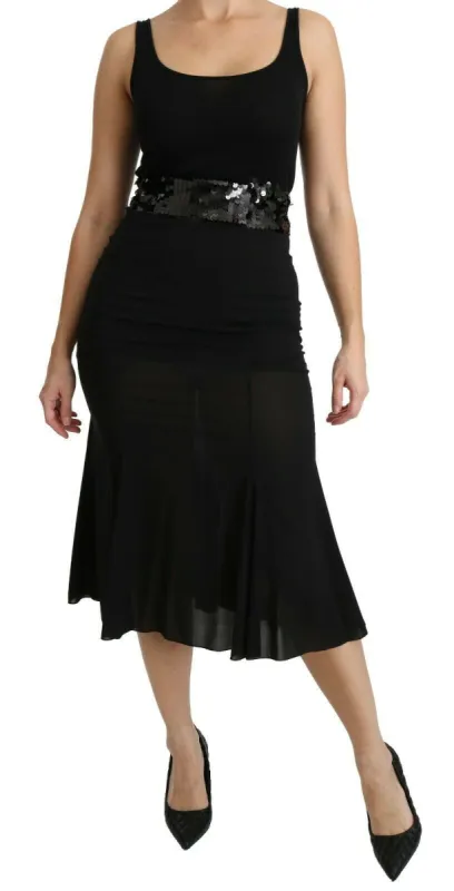 Chic High Waist Black Silk Blend Skirt sold by Louxly