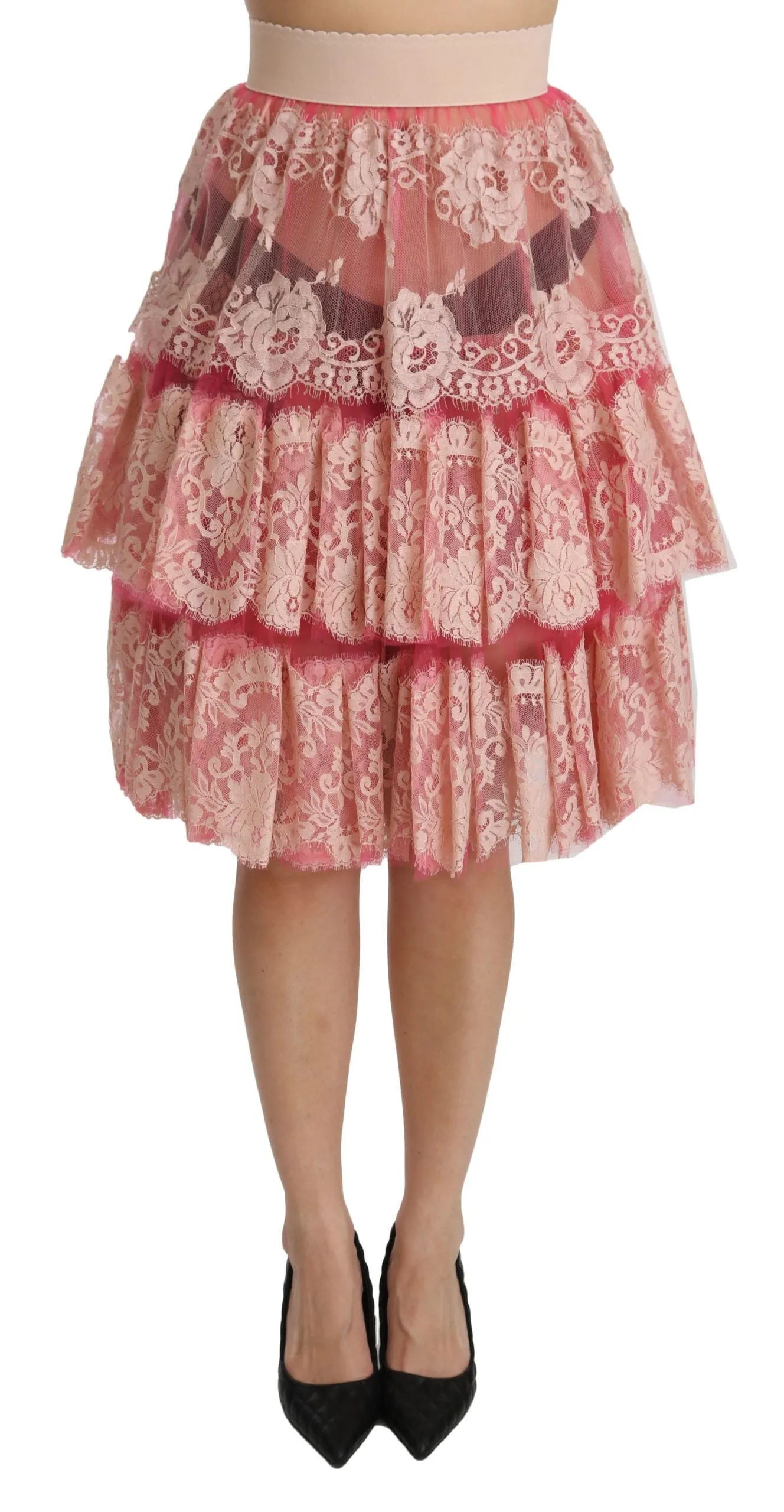 Elegant Pink Lace High-Waist Skirt sold by Louxly
