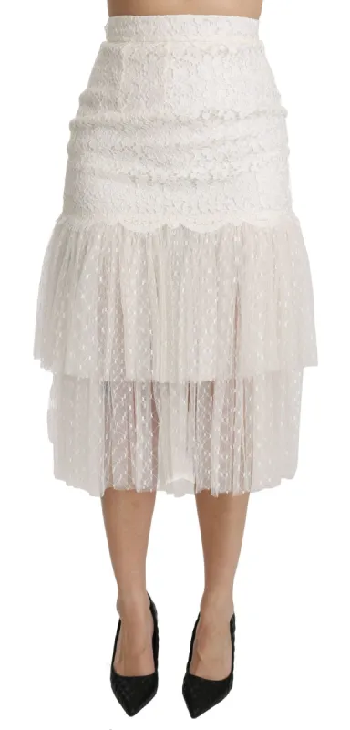 Elegant White Lace High-Waist Skirt sold by Louxly