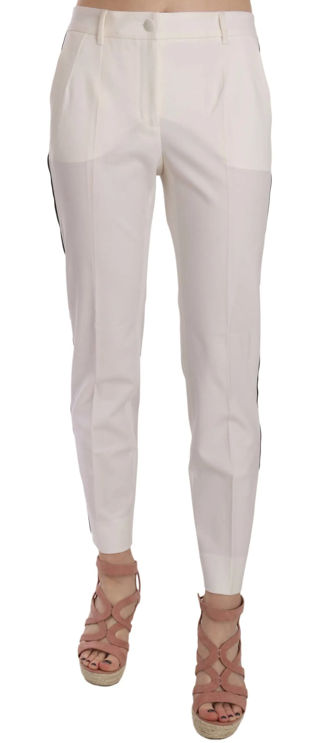 Elegant White Stripe Wool Tapered Trousers sold by Louxly