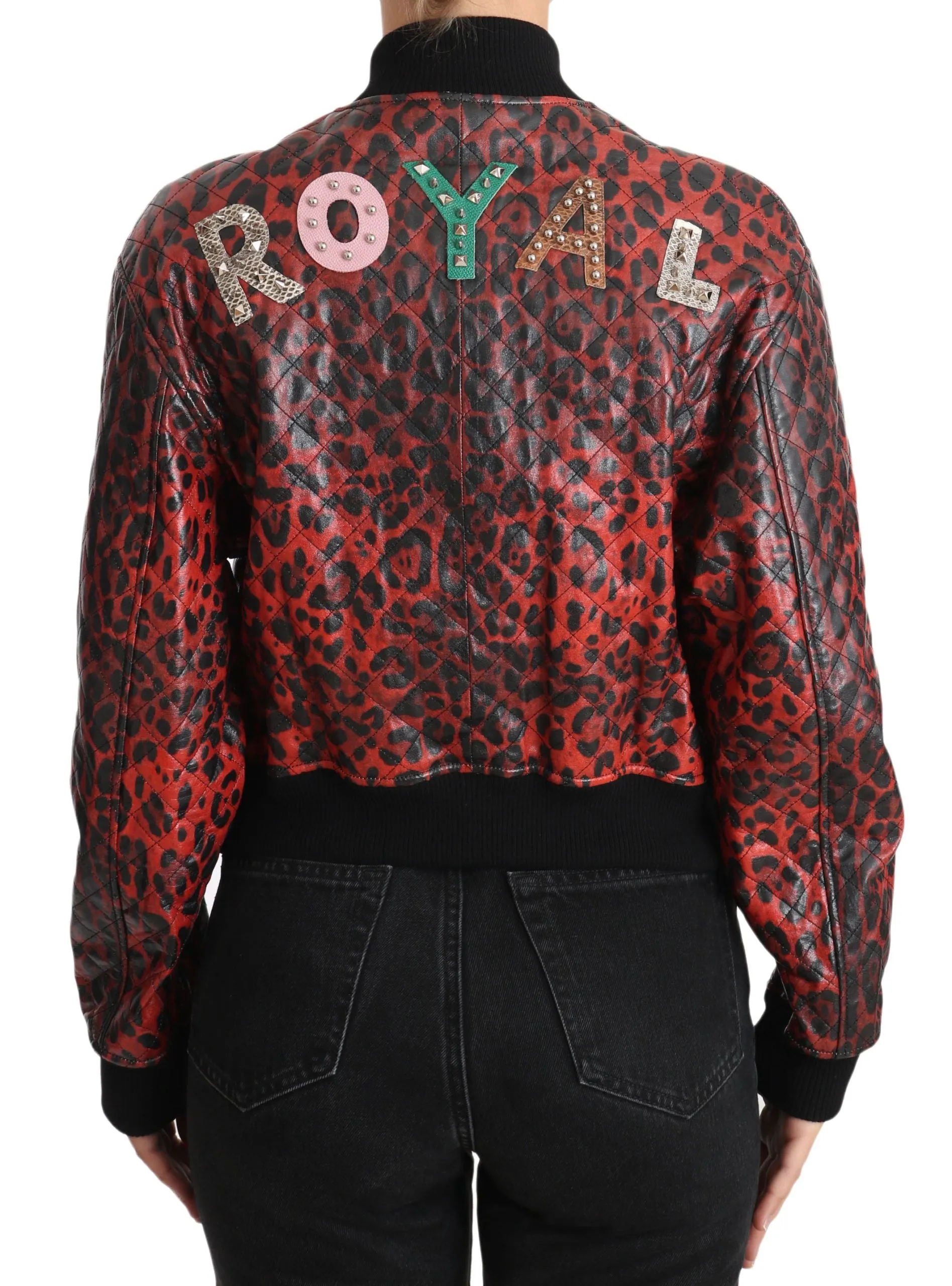 Red Leopard Bomber Leather Jacket with Crystal Buttons sold by Louxly product image thumbnail 3