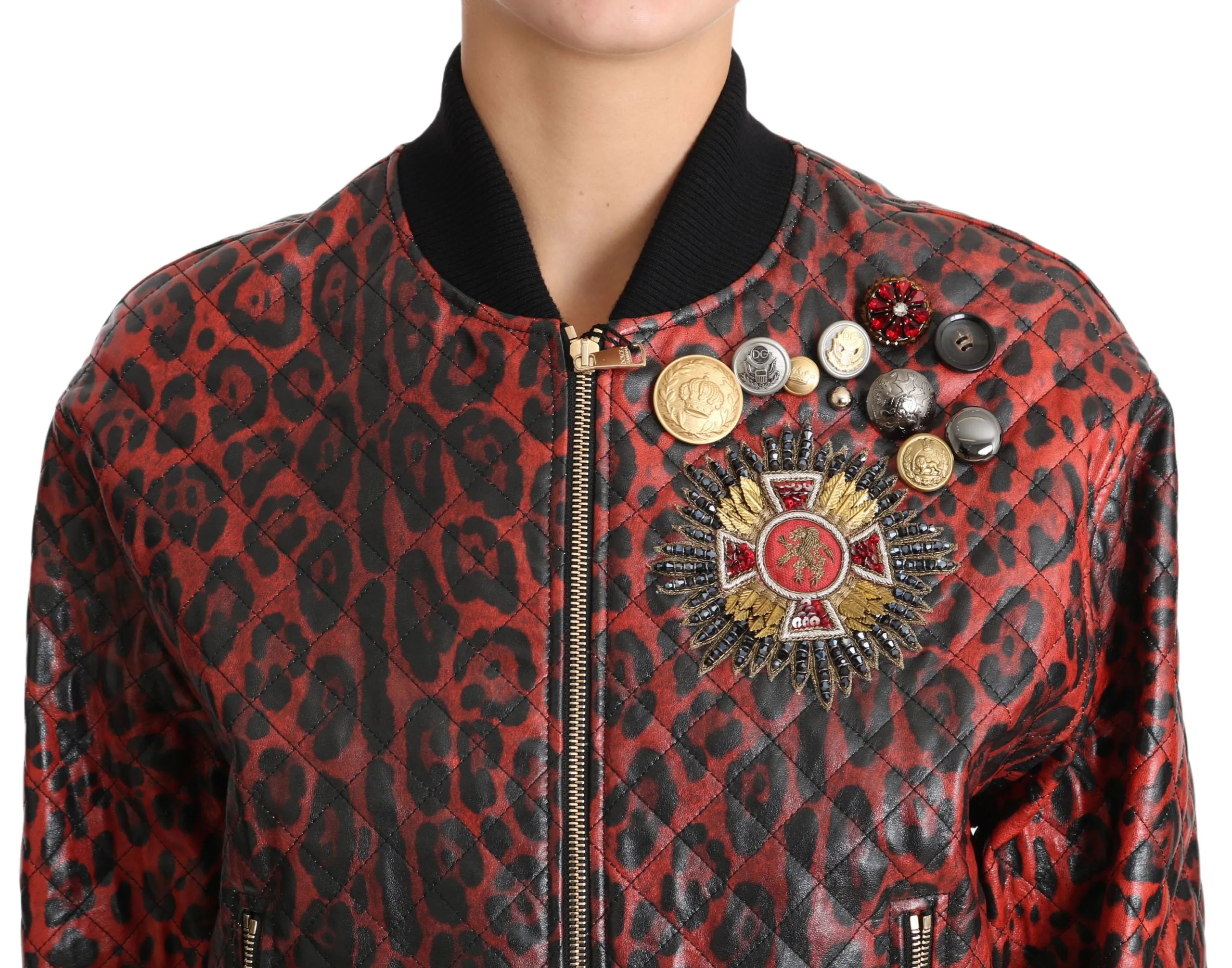 Red Leopard Bomber Leather Jacket with Crystal Buttons sold by Louxly product image thumbnail 4