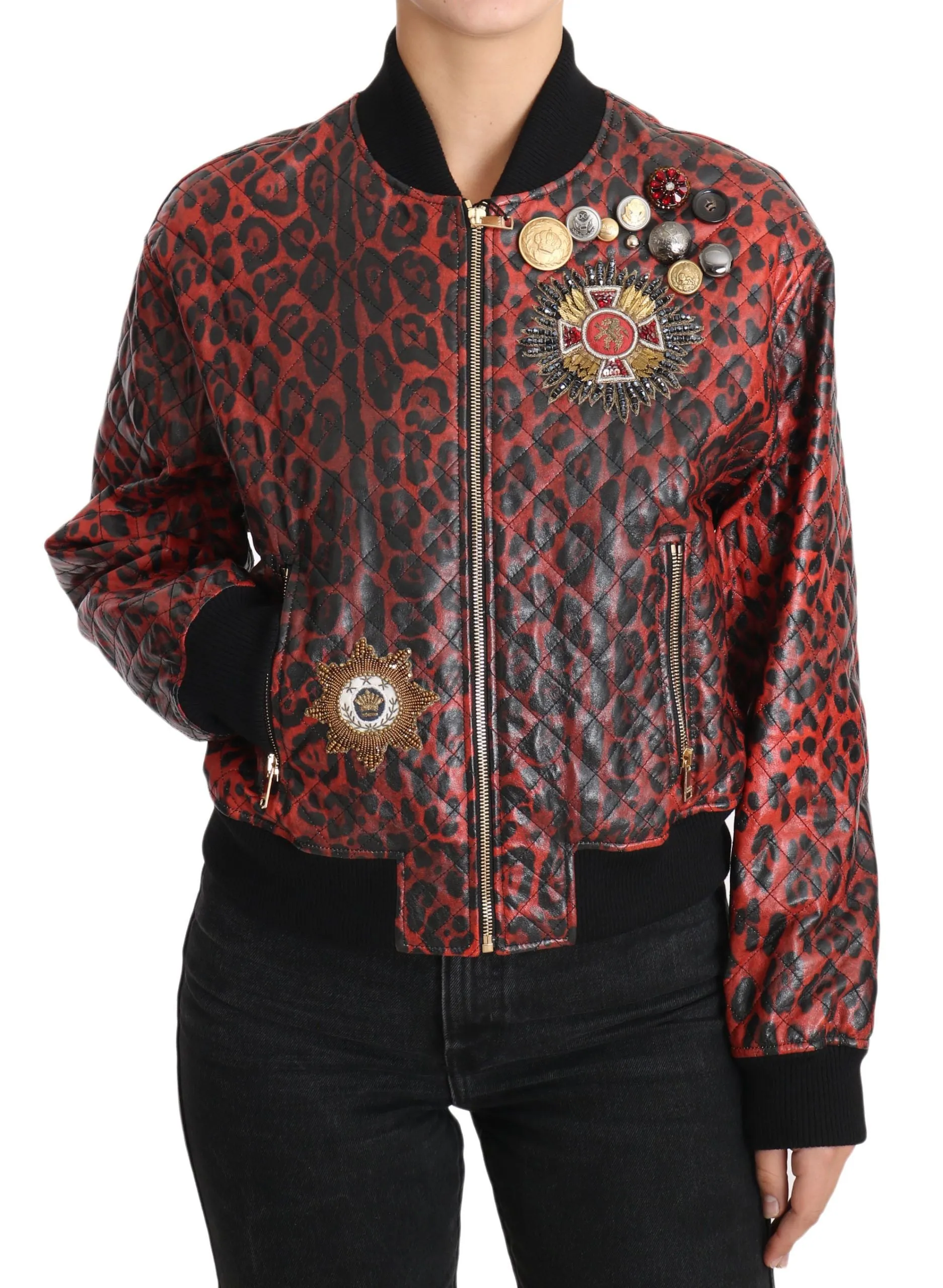 Red Leopard Bomber Leather Jacket with Crystal Buttons sold by Louxly