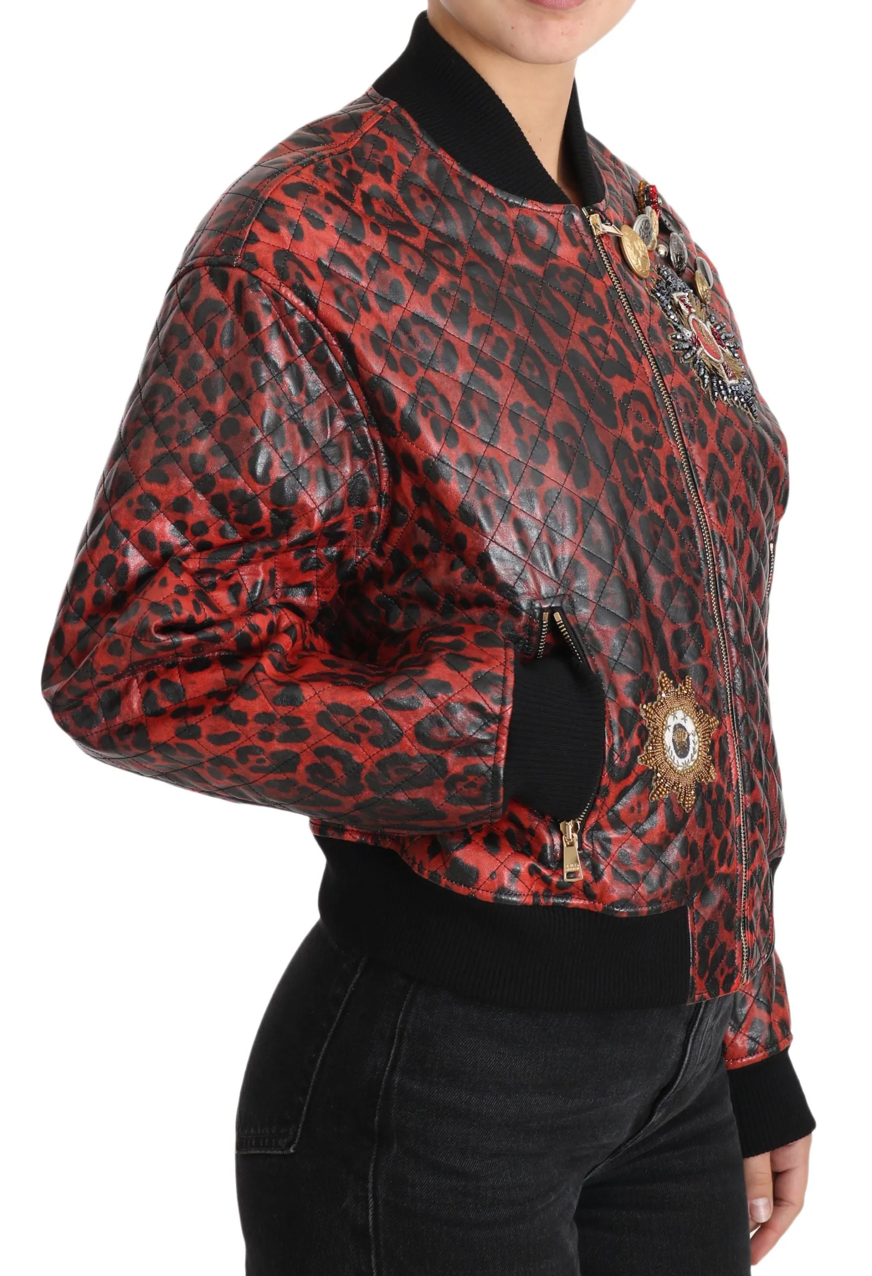 Red Leopard Bomber Leather Jacket with Crystal Buttons sold by Louxly product image thumbnail 5