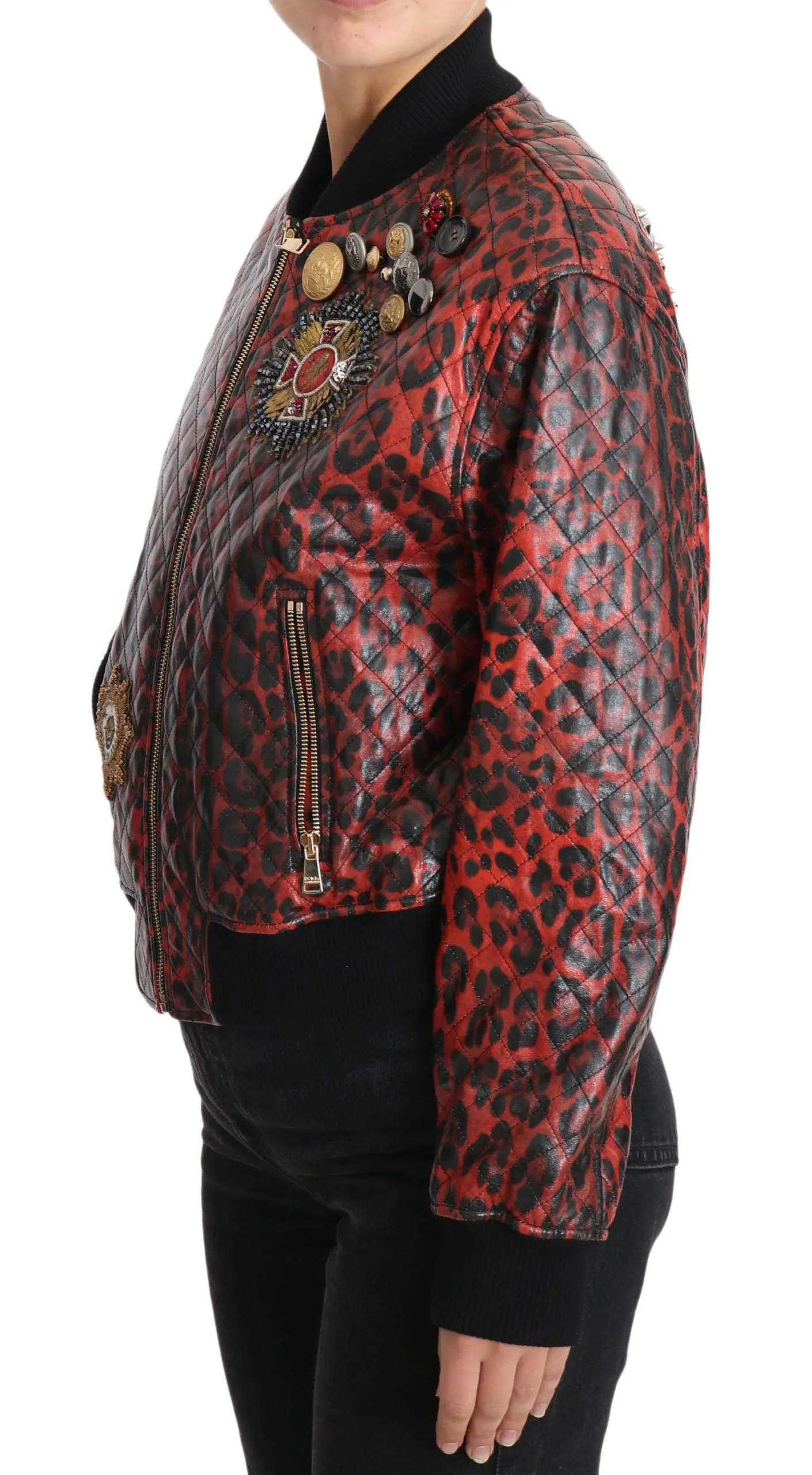 Red Leopard Bomber Leather Jacket with Crystal Buttons sold by Louxly product image thumbnail 2