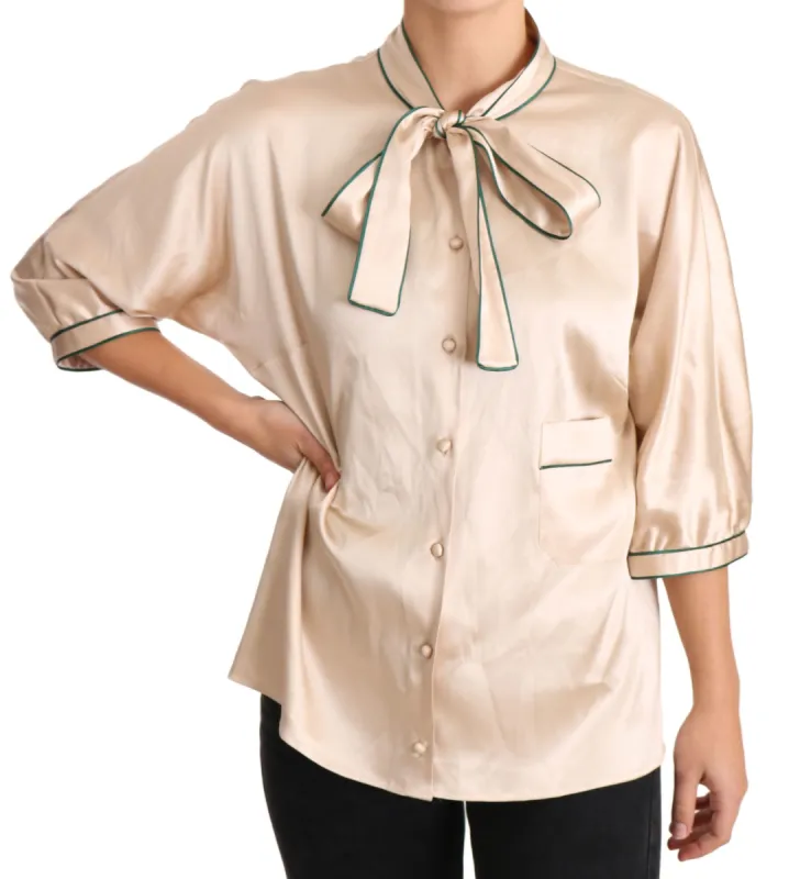 Elegant Beige Silk Blend Blouse Top sold by Louxly