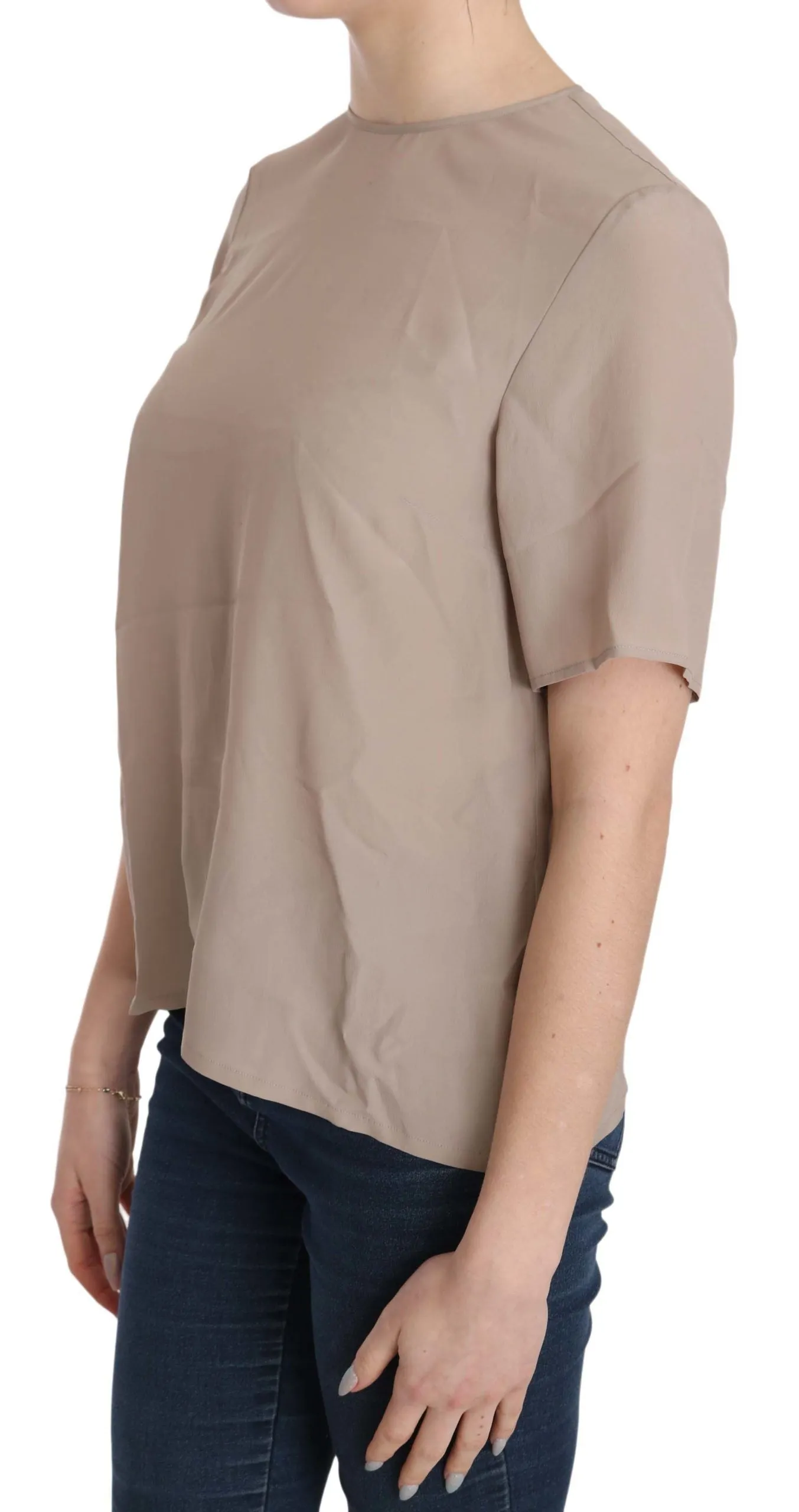 Elegant Beige Silk Blend Crew Neck Blouse sold by Louxly product image thumbnail 2