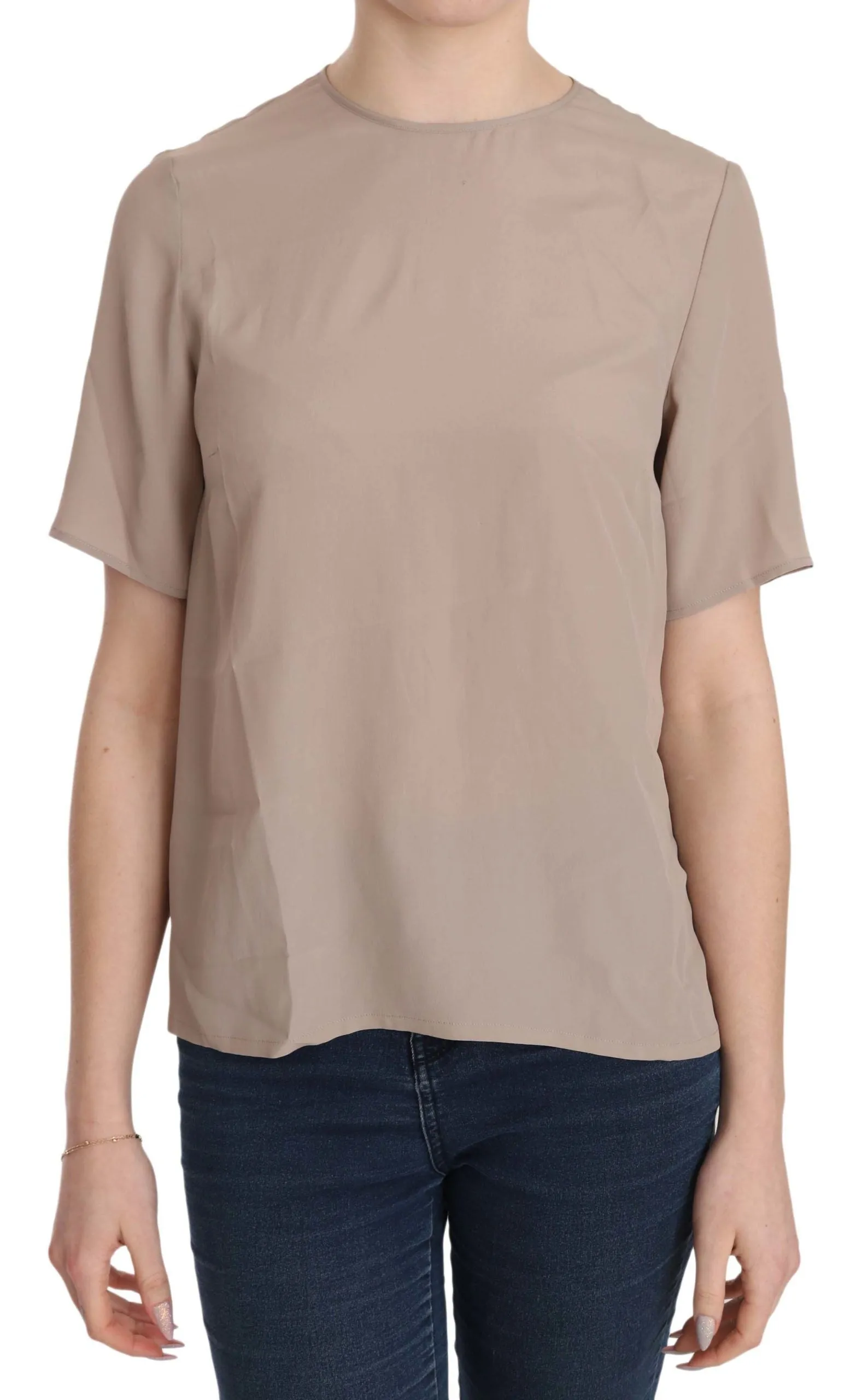 Elegant Beige Silk Blend Crew Neck Blouse sold by Louxly