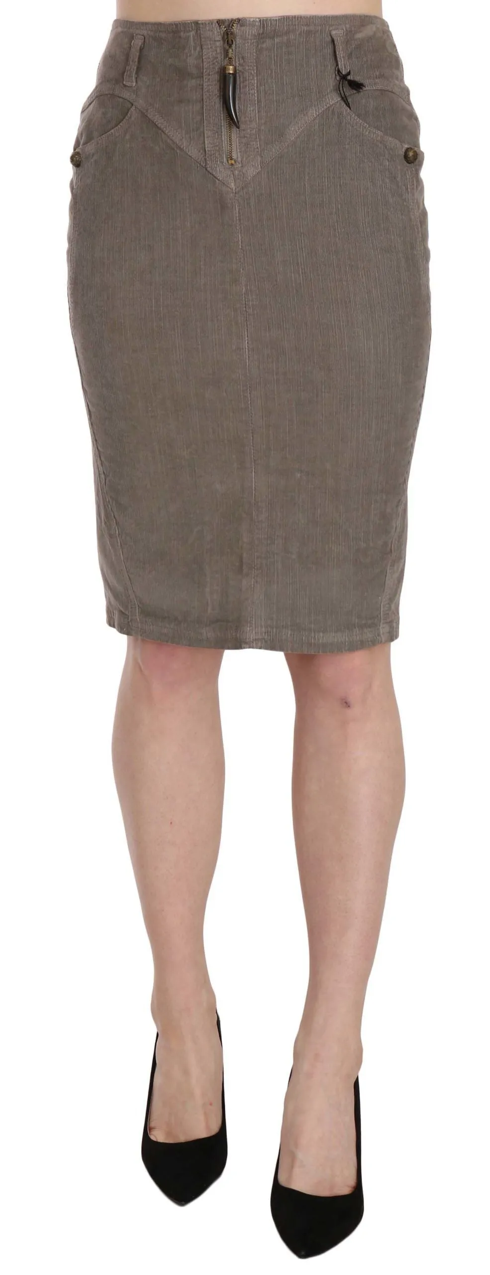 Chic Gray Pencil Skirt with Logo Details sold by Louxly