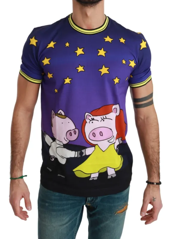 Purple Cotton Round Neck T-Shirt with Pig Motif sold by Louxly