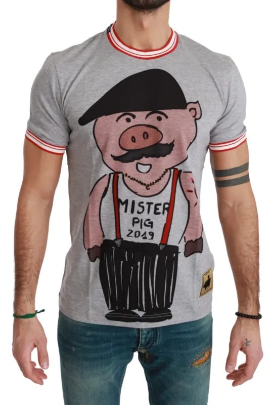 Chic Gray Cotton T-Shirt with Year of the Pig Motive sold by Louxly