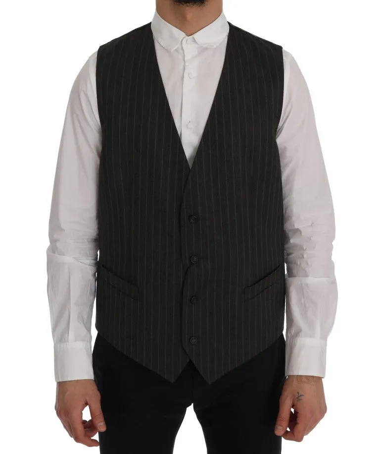 Elegant Striped Gray Wool Blend Waistcoat Vest sold by Louxly
