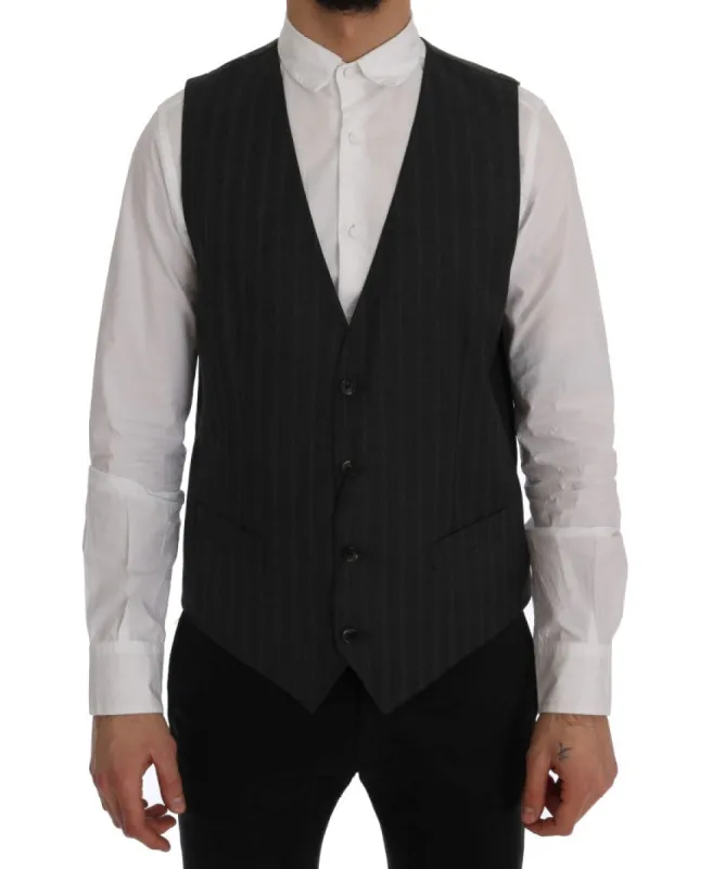 Elegant Gray Striped Single Breasted Vest sold by Louxly