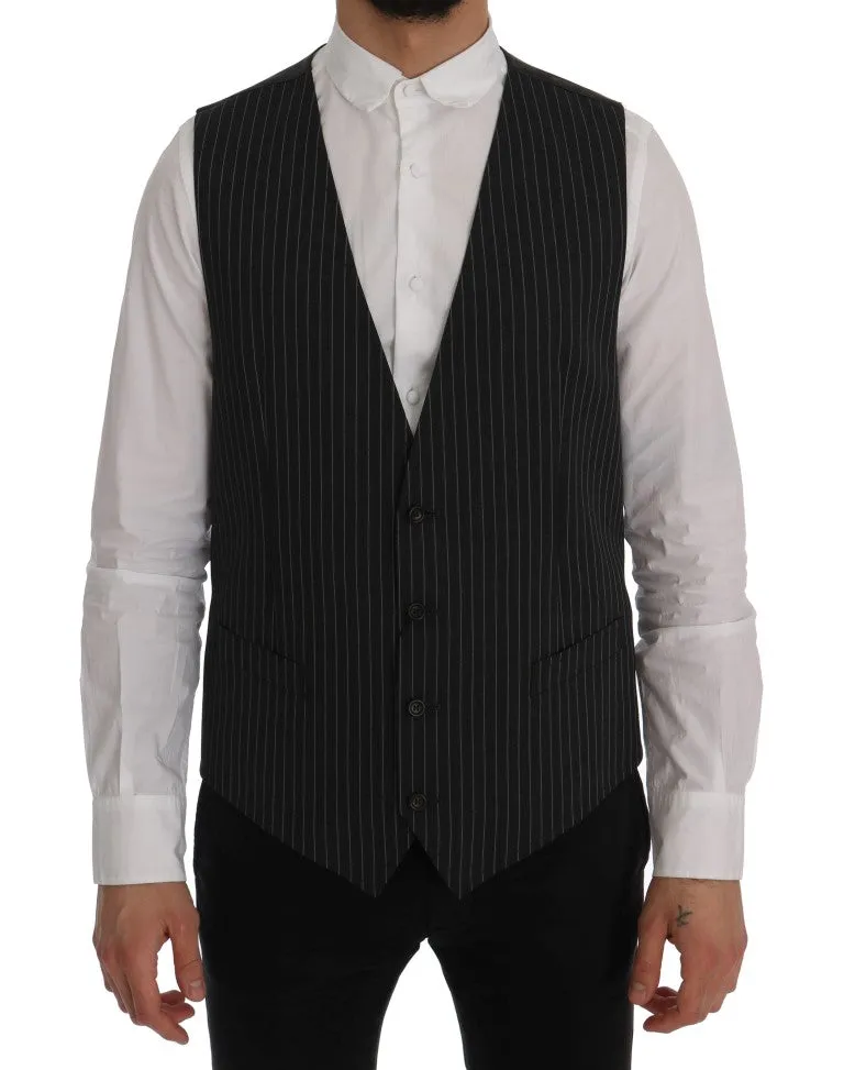 Elegant Gray Striped Vest Waistcoat sold by Louxly