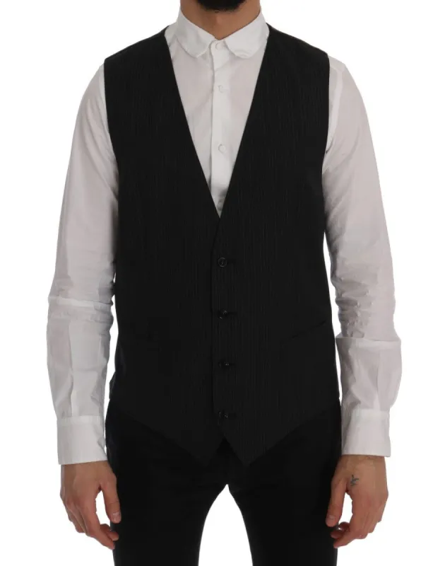 Elegant Gray Striped Wool Blend Vest sold by Louxly