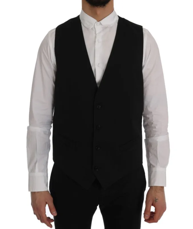 Sleek Black Single-Breasted Waistcoat sold by Louxly