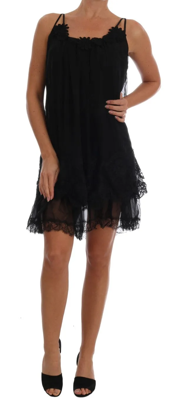 Elegant Black Silk Lace Chemise Dress sold by Louxly