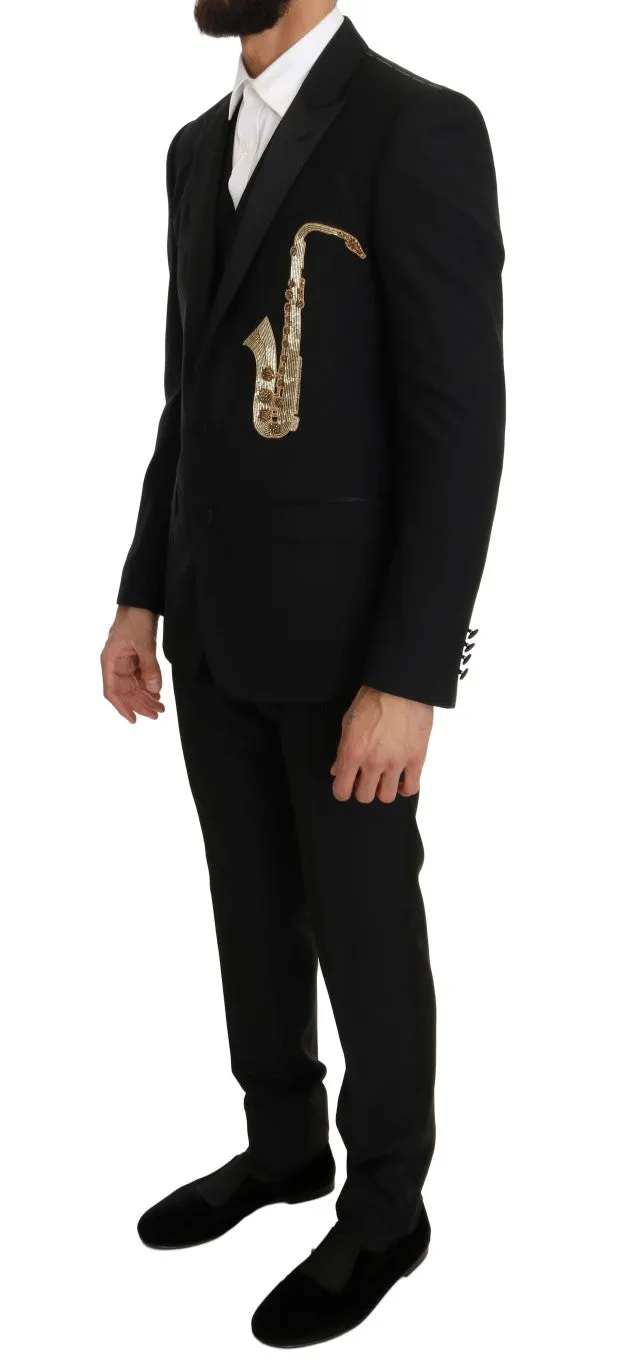 Elegant Black Three-Piece Suit with Saxophone Embroidery sold by Louxly product image thumbnail 2
