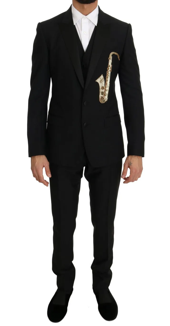 Elegant Black Three-Piece Suit with Saxophone Embroidery sold by Louxly