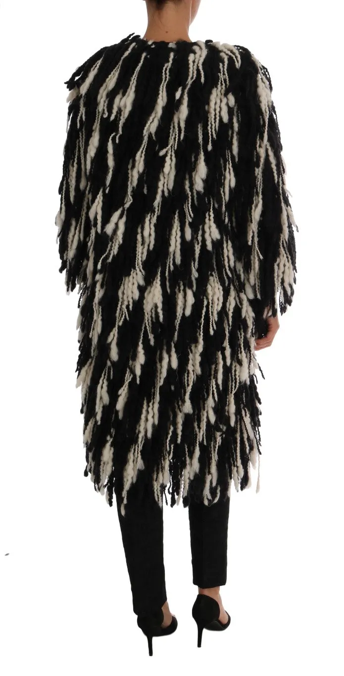 Black and White Fringed Wool Coat Jacket sold by Louxly product image thumbnail 4