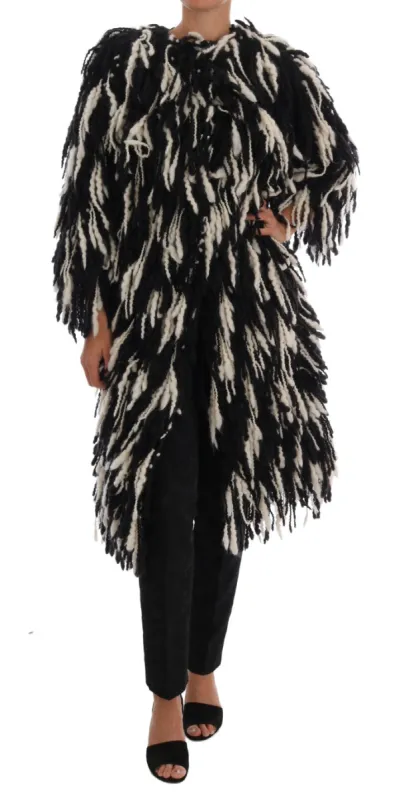 Black and White Fringed Wool Coat Jacket sold by Louxly