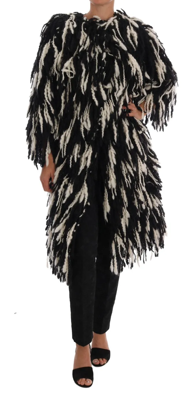 Black and White Fringed Wool Coat Jacket sold by Louxly
