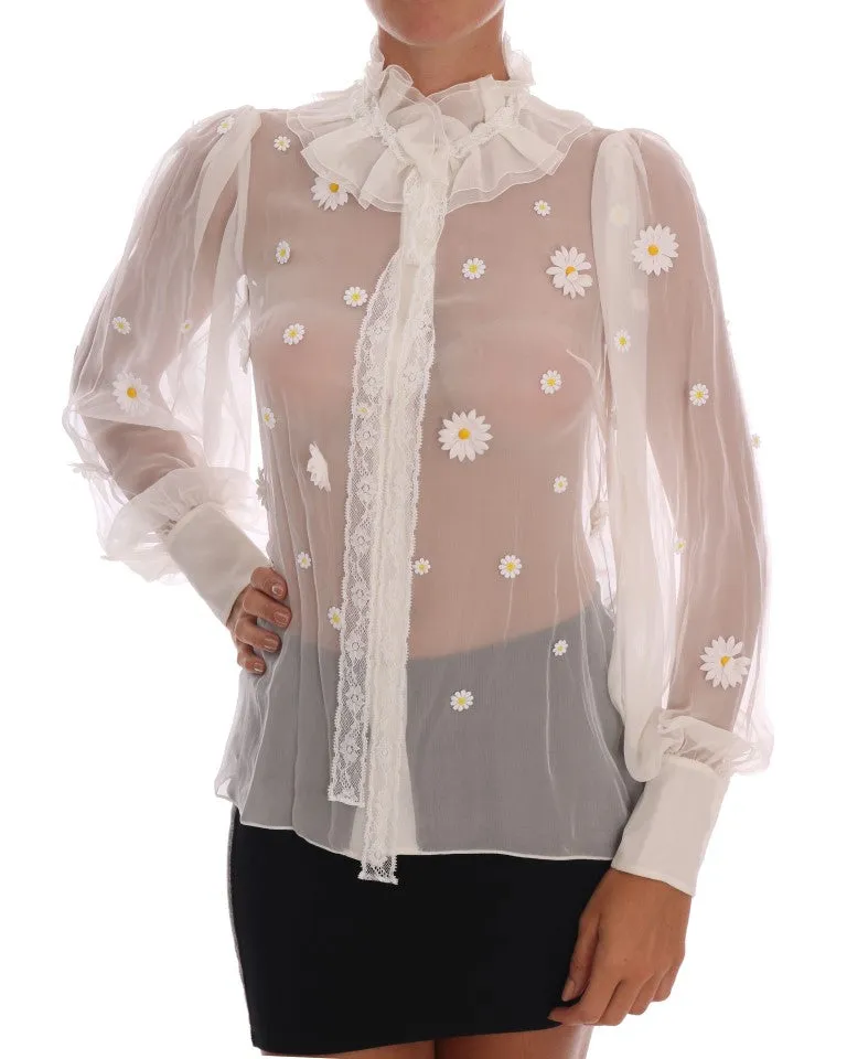 Elegant White Silk Daisy Blouse sold by Louxly