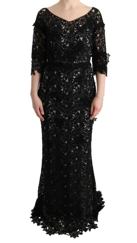 Elegant Black Maxi Shift Dress with Floral Applique sold by Louxly