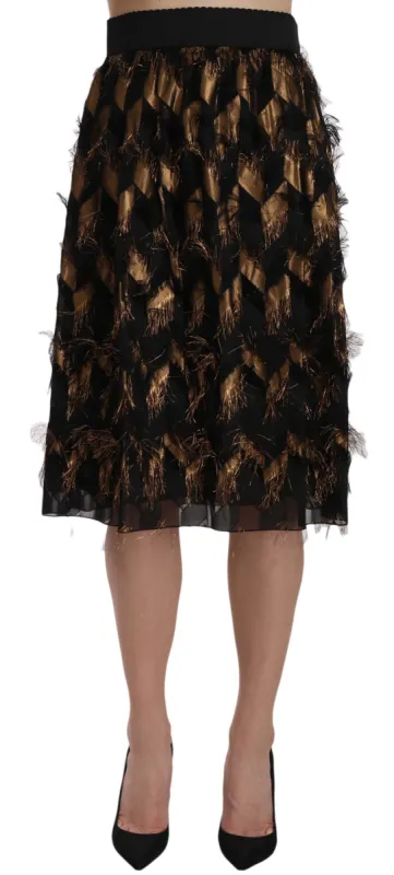 Elegant Gold Black Silk Blend High Waist Skirt sold by Louxly